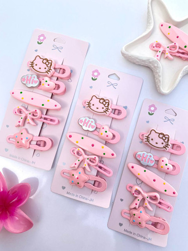 ست گیره سر دخترانه ۵ عددی طرح Hello Kitty صورتی