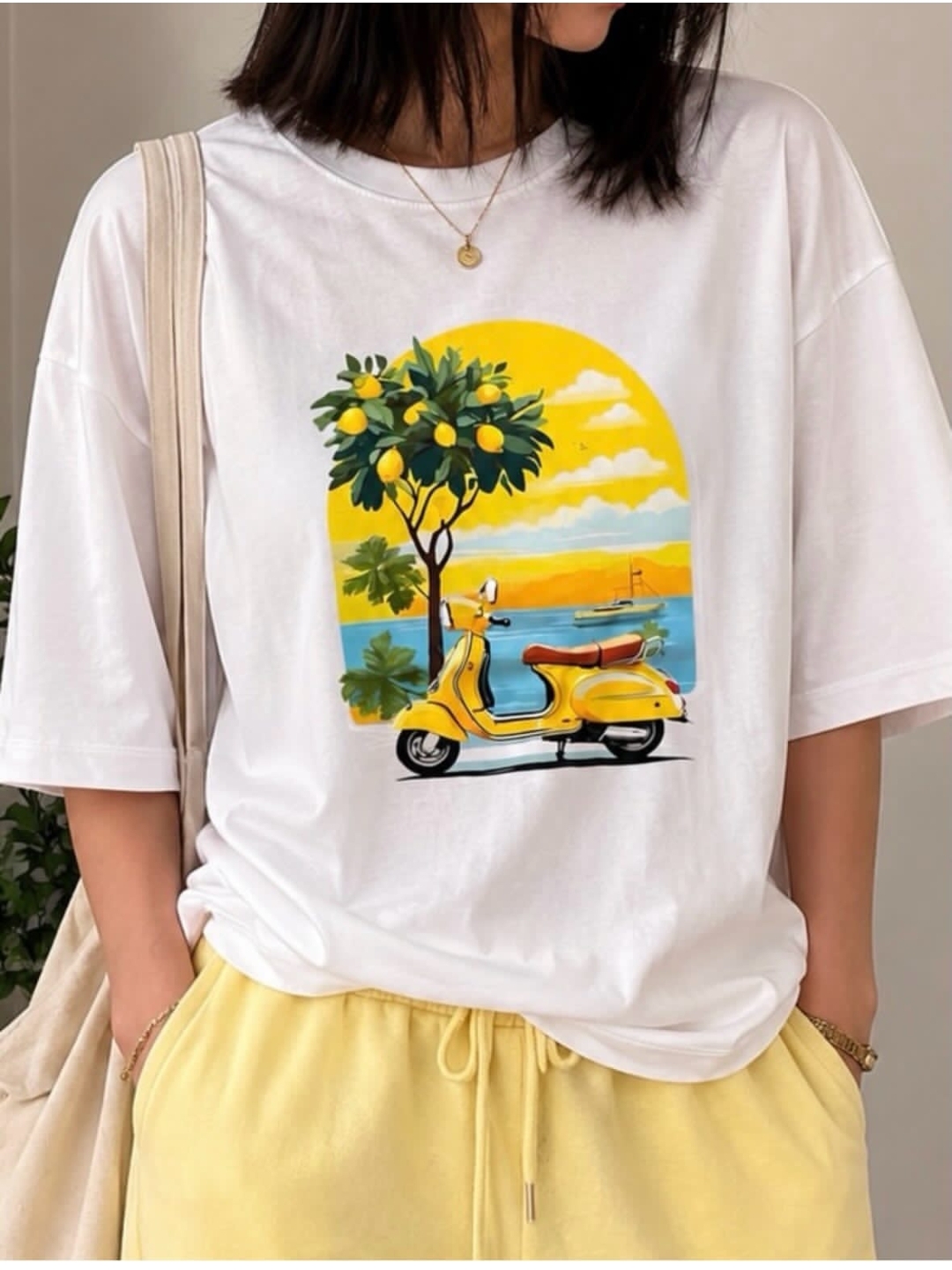 👕 تی‌شرت باکسی آستین سه‌ربع طرح لیمو و اسکوتر