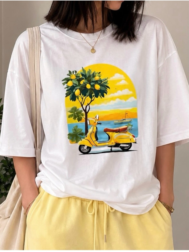 👕 تیشرت باکسی آستین سهربع طرح لیمو و اسکوتر