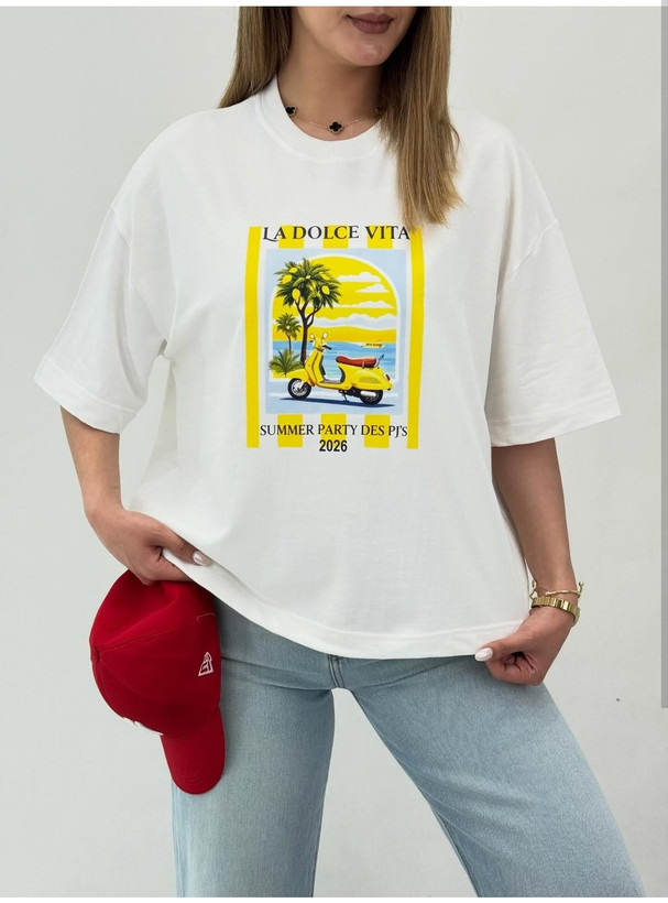 👕 تیشرت باکسی آستین سهربع طرح لیمو و اسکوتر