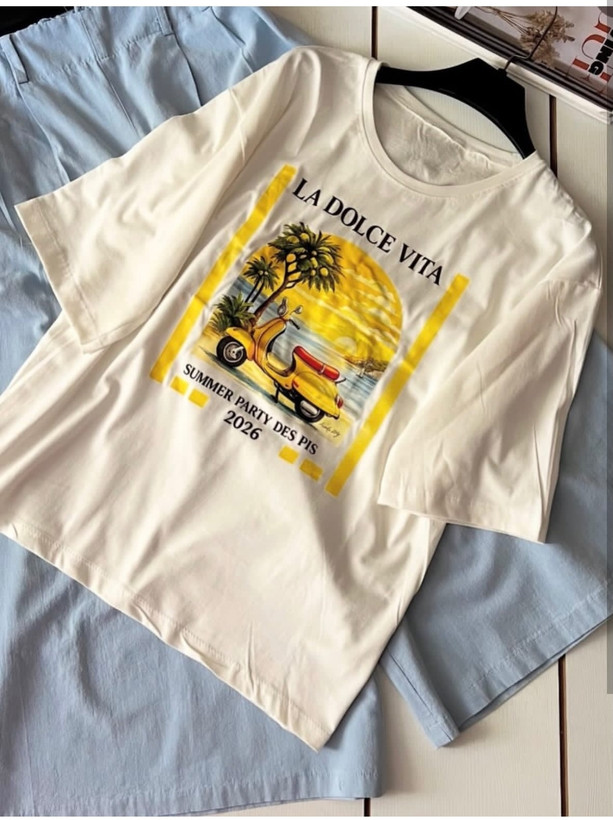 👕 تیشرت باکسی آستین سهربع طرح لیمو و اسکوتر