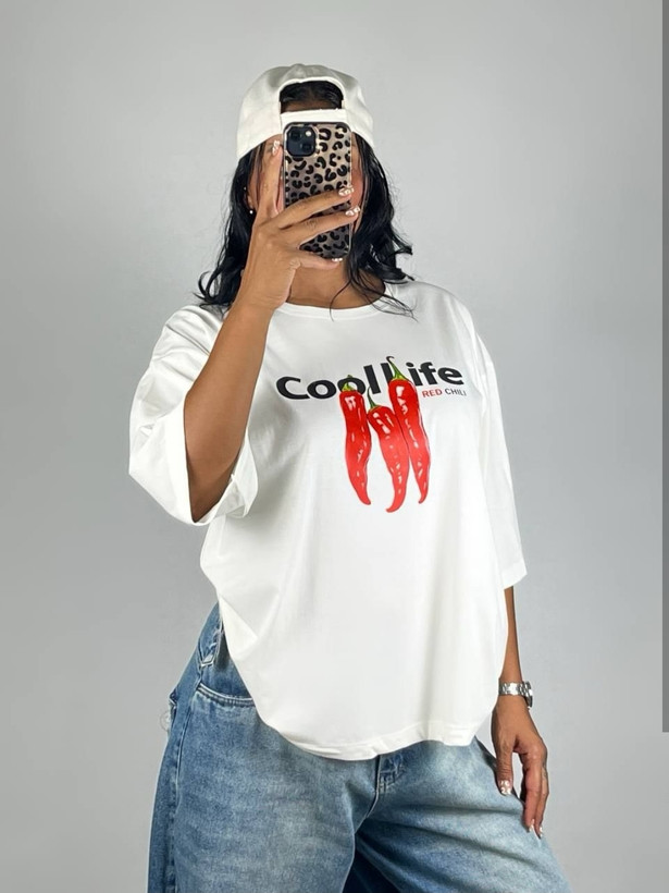 👕 تیشرت باکسی آستین سهربع طرح فلفل «Cool Life»