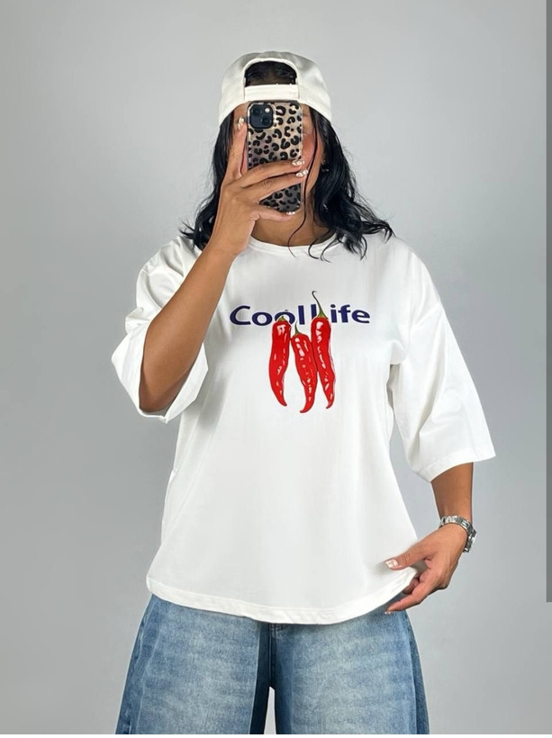 👕 تیشرت باکسی آستین سهربع طرح فلفل «Cool Life»