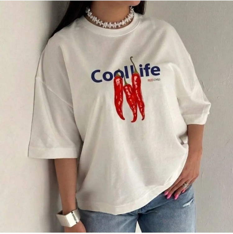 👕 تیشرت باکسی آستین سهربع طرح فلفل «Cool Life»