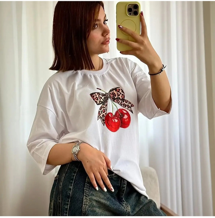 👕 تیشرت باکسی زنانه طرح پاپیون پلنگی و گیلاس