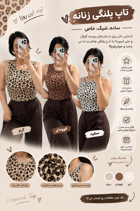 تاپ پلنگی زنانه | سه رنگ کرم، قهوهای و سفید